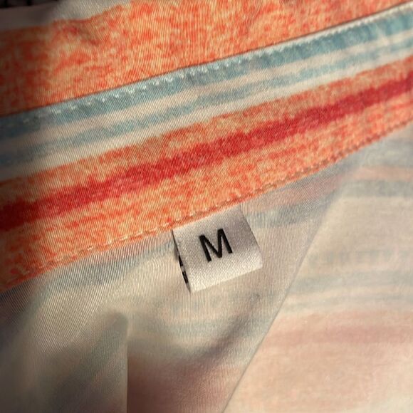 Button-front rounded hem long sleeve shirt size M coral, blue and cream stripes - Picture 3 of 13